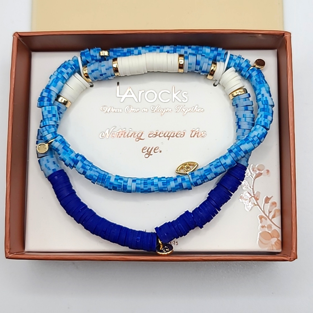 CLEARANCE LA Rocks Gold Beaded Evil Eye Stretch Bracelet Set